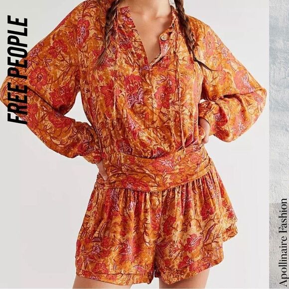 FREE PEOPLE DANCE TILL DAWN ROMPER IN ORANGE FLORAL PRINT XS TP NWOT - Picture 3 of 8